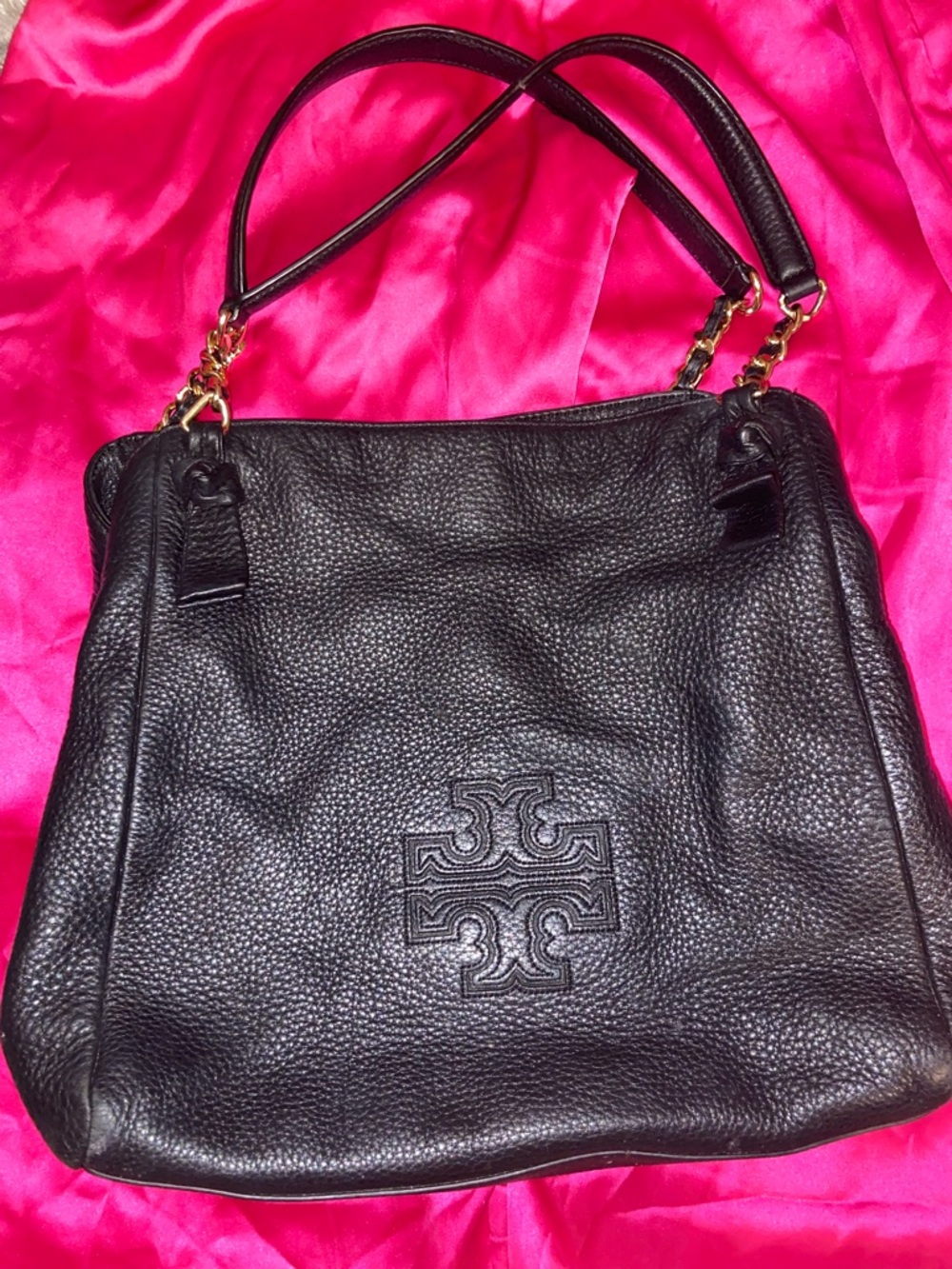 Tory Burch Black Pebbled Leather Shoulder Bag with Gold-Tone Hardware